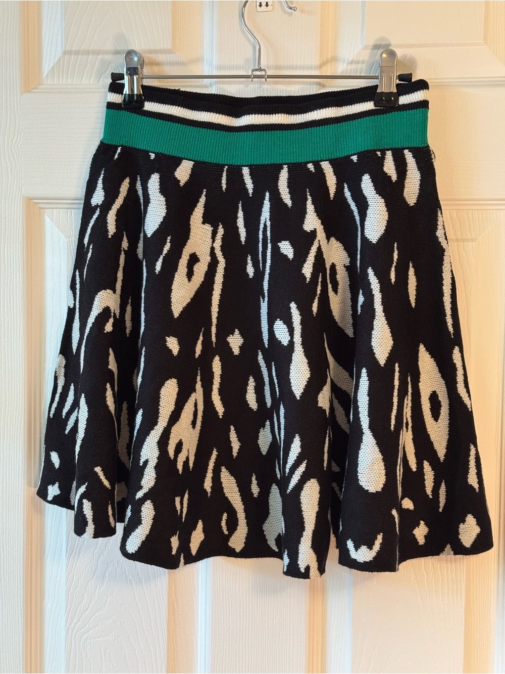 Black and White Animal-Print Mini Skirt with Green Waistband